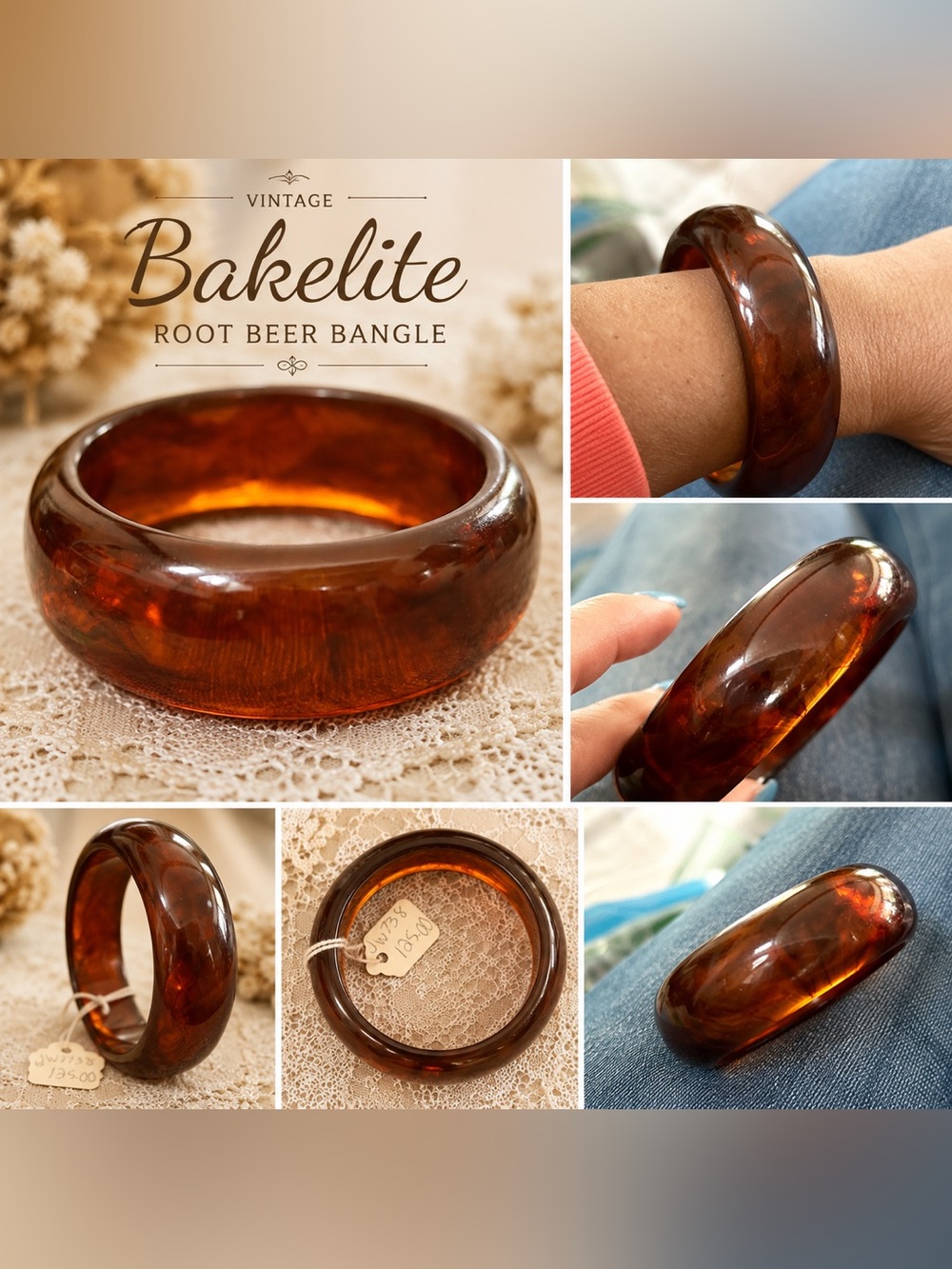 Vintage Root Beer Bakelite Bangle Bracelet - Amber Brown